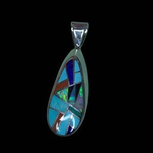 Sterling Silver SF Multi-Stone Geometric Mosaic Inlay Teardrop Pendant